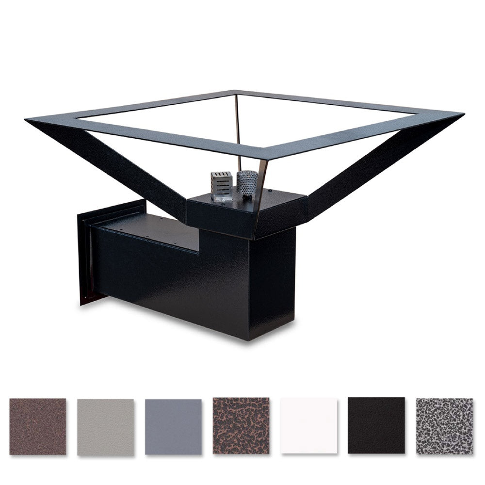 Wall-mounted gas fire torch with black triangular canopy and electronic ignition controls