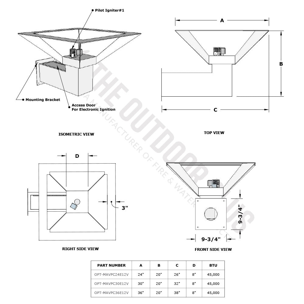 Wall-mounted gas fire torch installation diagram with dimensions and ignition components
