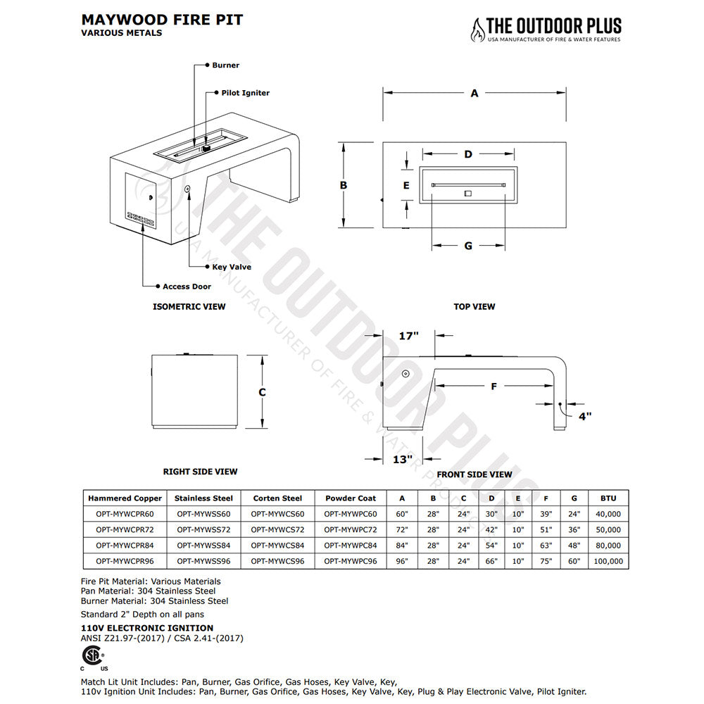 TOP Fires by The Outdoor Plus Maywood Linear Stainless Steel Gas Fire Pit