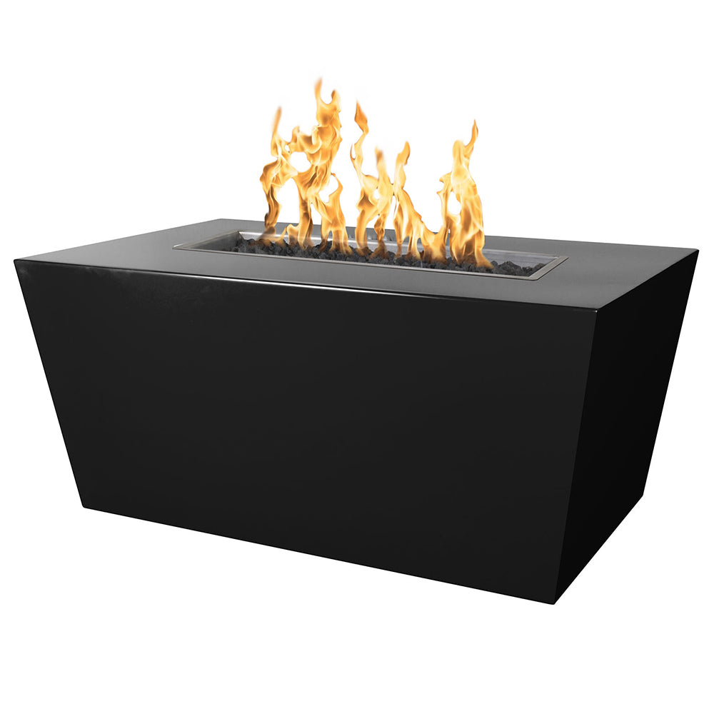 Black rectangular gas fire pit with flames above the burner tray