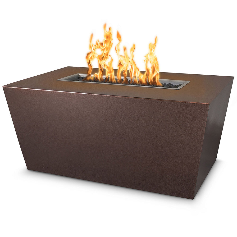 Brown rectangular gas fire pit with flames in the burner tray