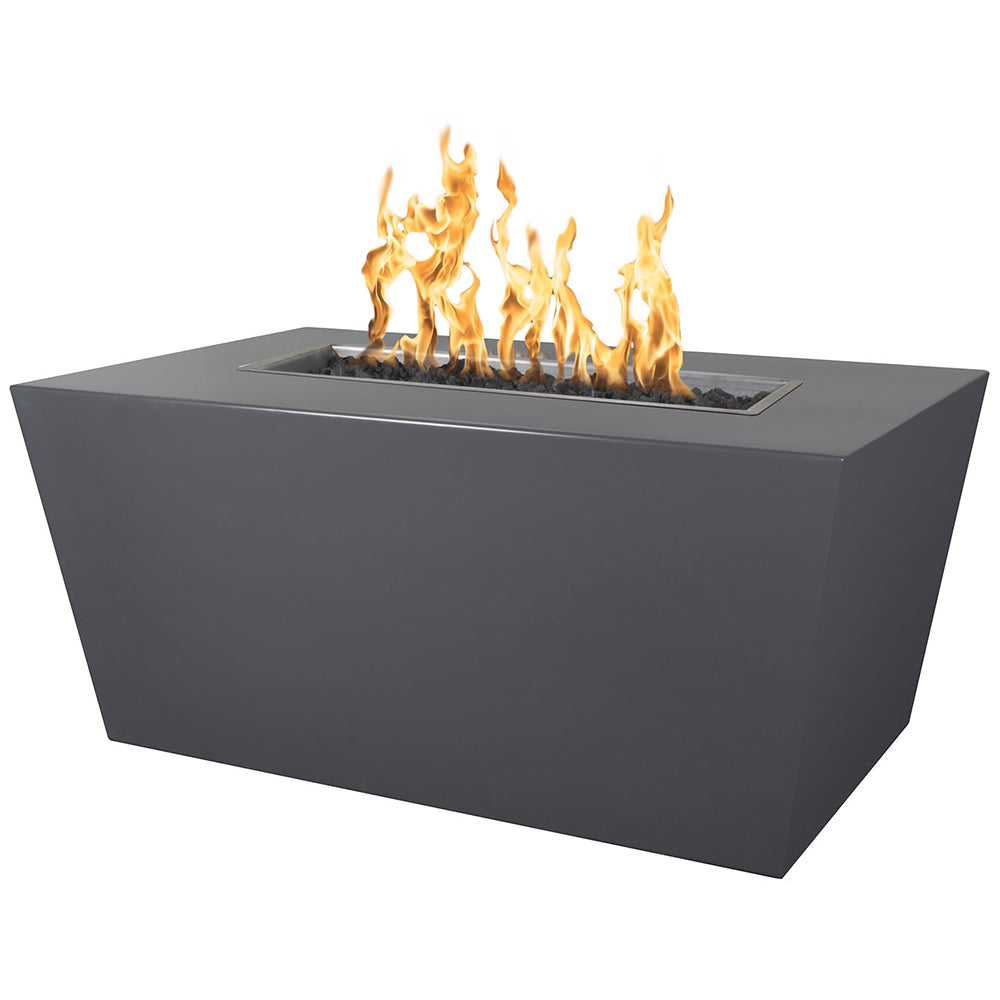 Gray linear gas fire pit table with flames rising from a rectangular burner tray