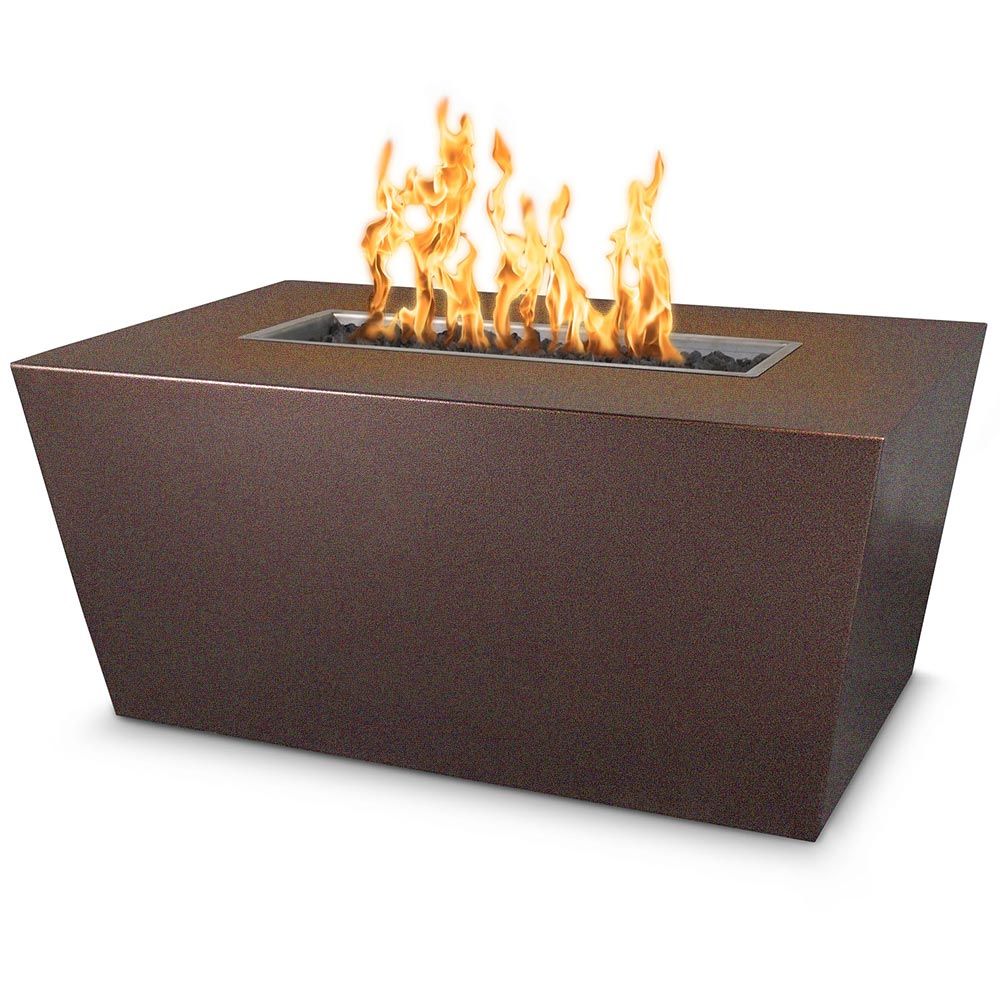 Brown linear gas fire pit table with flames over a rectangular burner tray