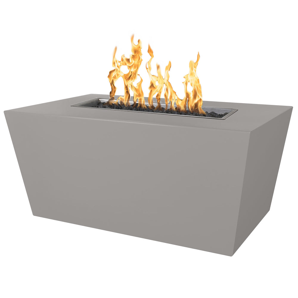 Light gray linear gas fire pit table with flames above the rectangular burner tray