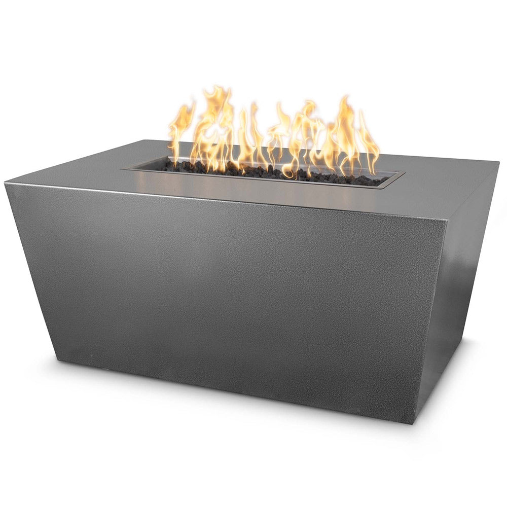Dark gray linear gas fire pit table with flames over a rectangular burner tray