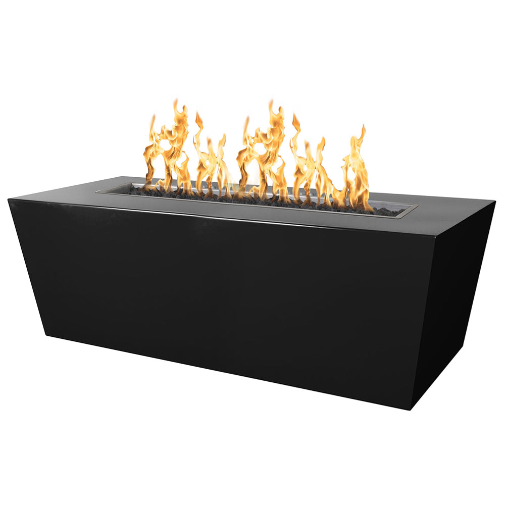 Linear gas fire pit in black powder-coated steel with flames above the burner pan