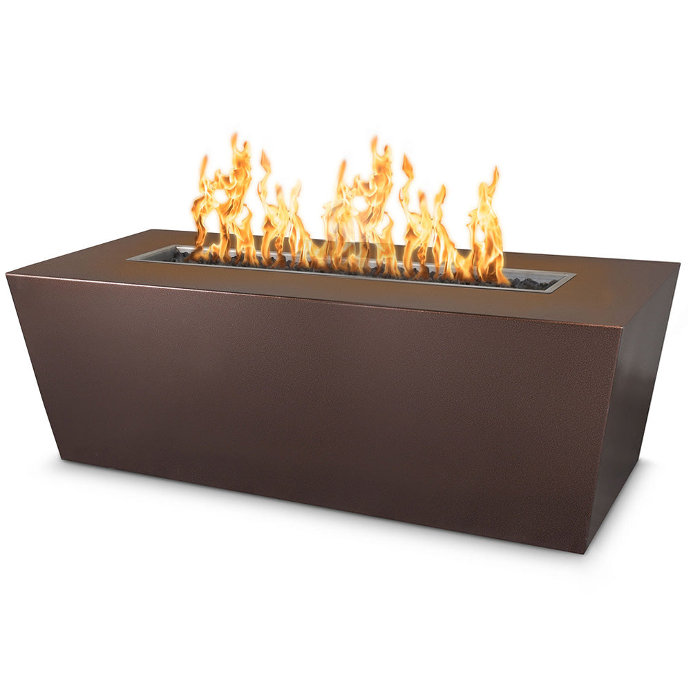 Linear gas fire pit in copper-brown powder-coated steel with flames in top burner