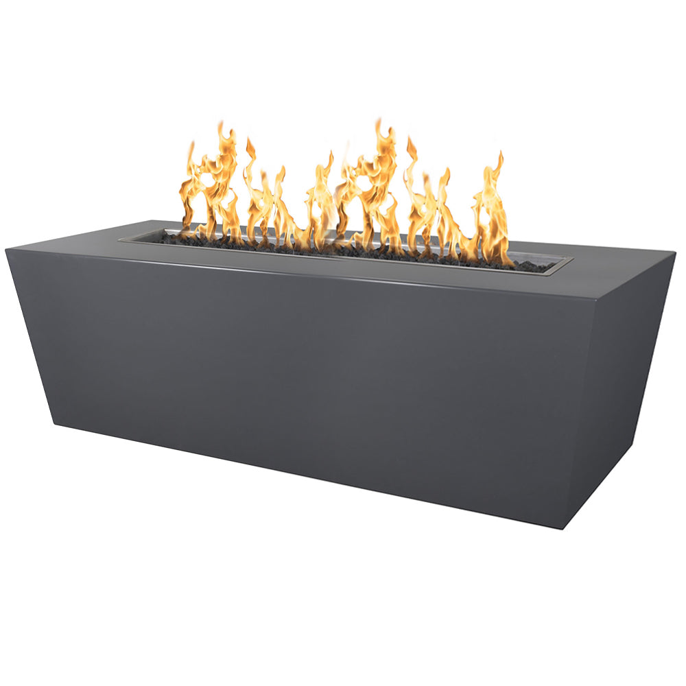 Black linear gas fire pit with flames in recessed burner and rectangular powder-coated body