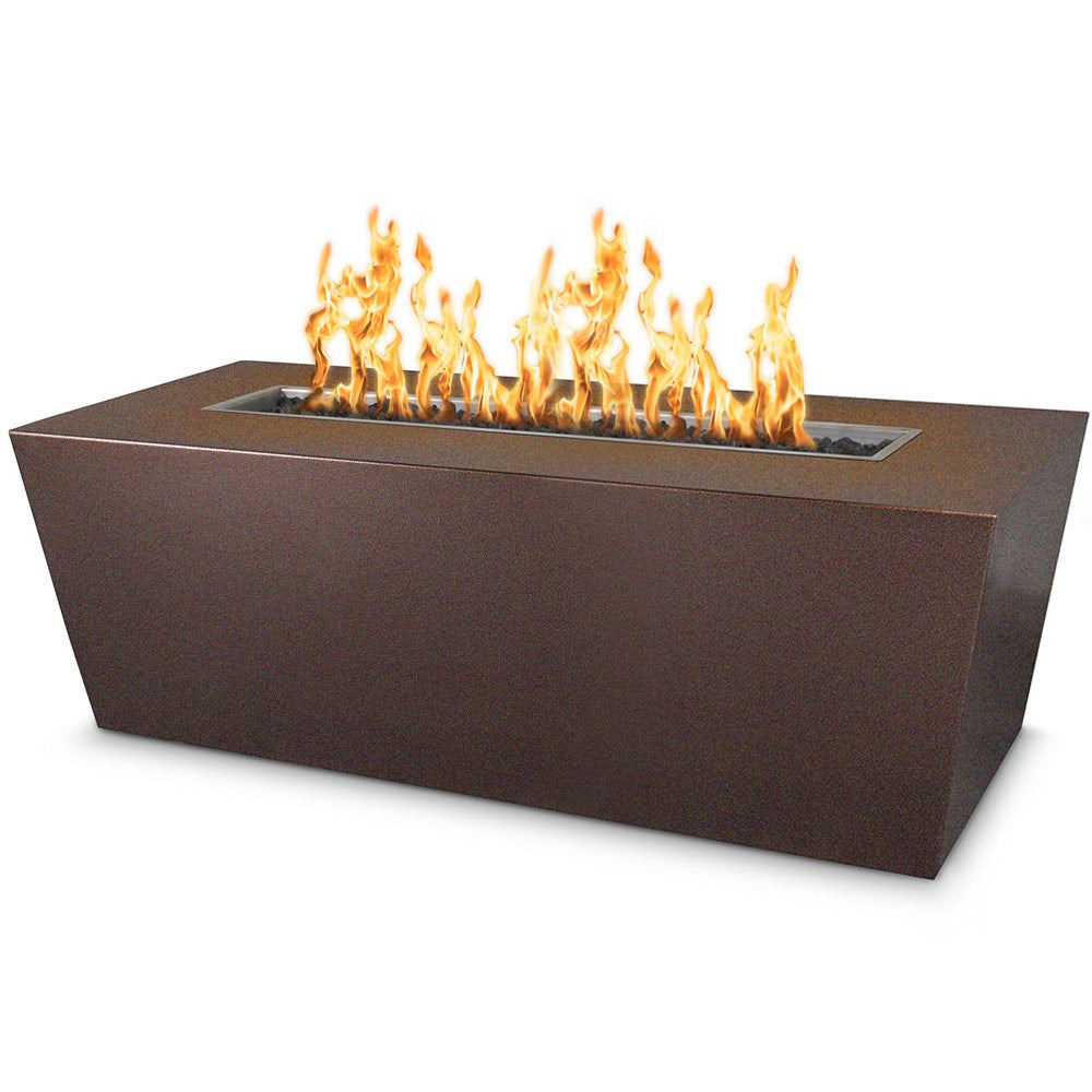 Linear gas fire pit in copper-brown powder-coated steel with flames above rectangular grate