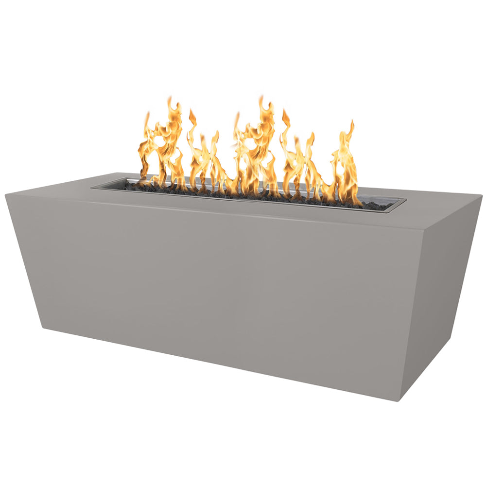 Linear gas fire pit in light gray powder-coated steel with flames in open burner