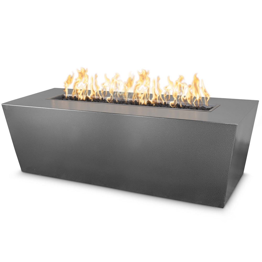 Linear gas fire pit in charcoal gray powder-coated steel with flames from inset burner