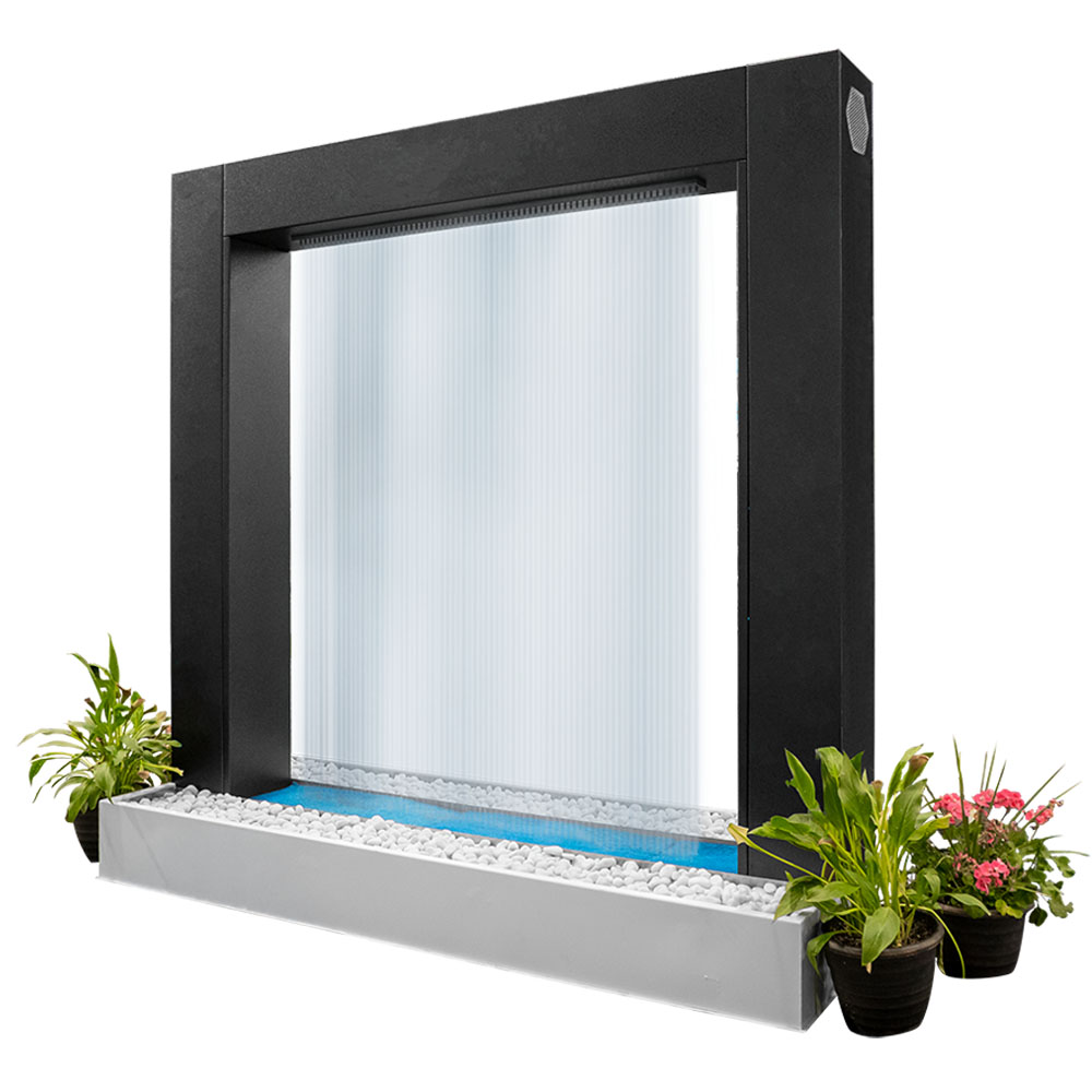 Black 60-inch steel rain curtain waterfall with clear top spray bar and base trough