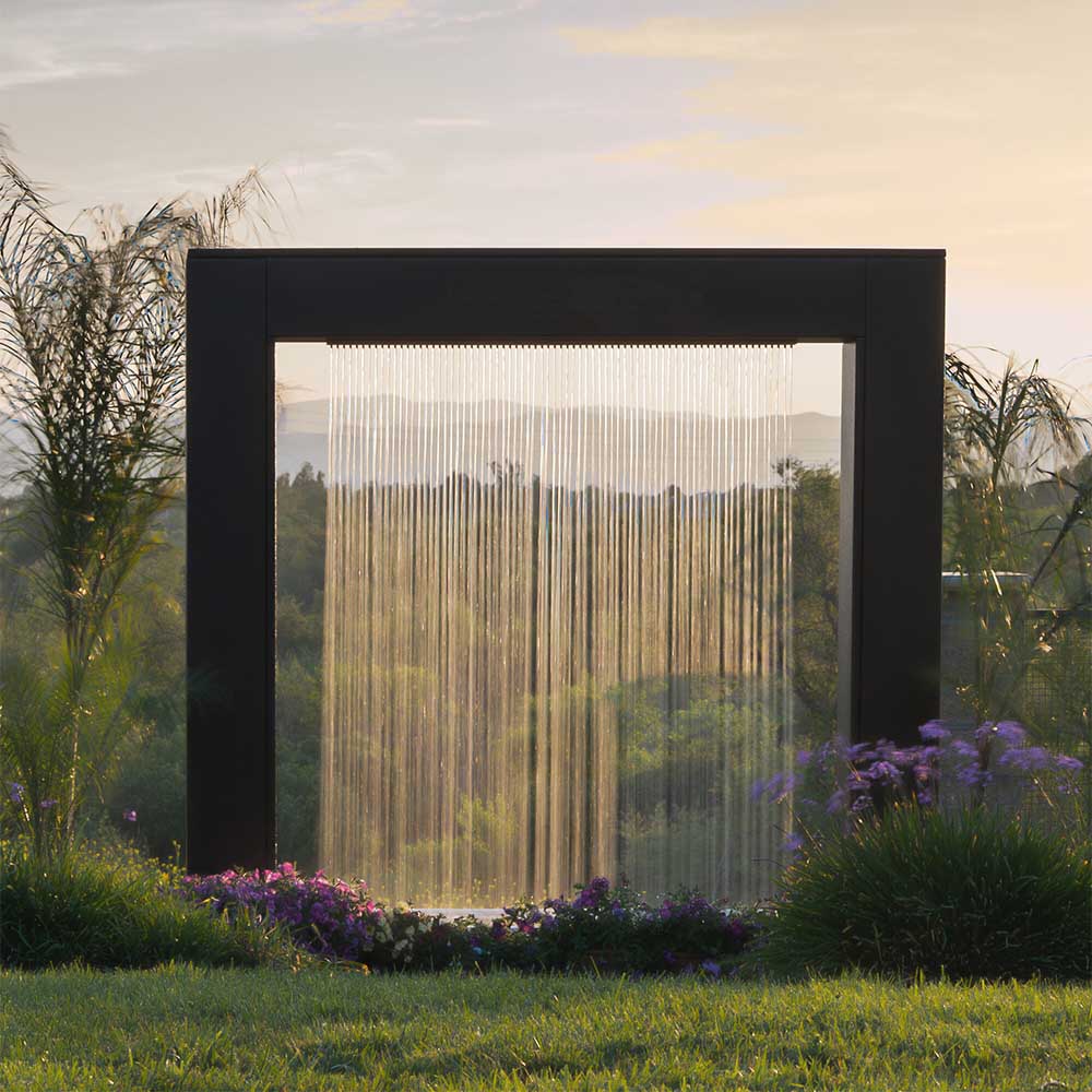 Outdoor black 60-inch steel rain curtain waterfall with hanging water strands