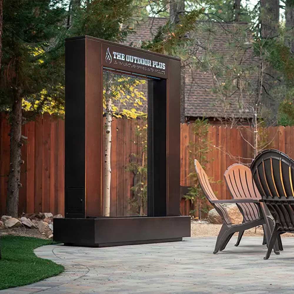 Copper-brown 60-inch steel rain curtain waterfall enclosure with base and spray bar