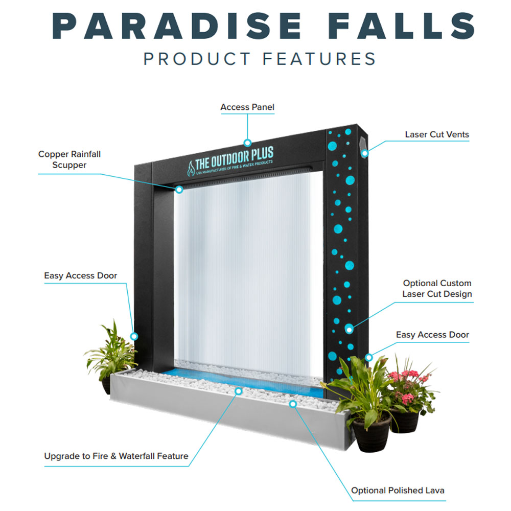 Black 60-inch steel rain curtain waterfall diagram with white panel and base trough