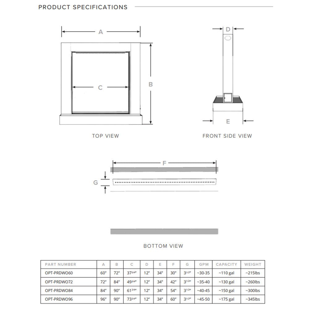 Technical spec diagram of 60-inch steel rain curtain waterfall dimensions and views