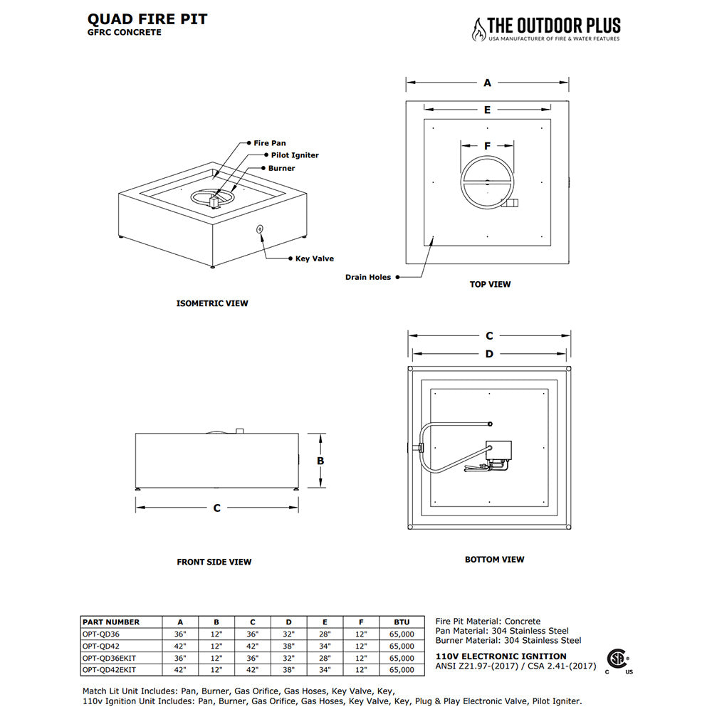 TOP Fires by The Outdoor Plus Quad Square Concrete Gas Fire Pit