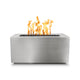 Stainless steel linear gas fire pit with glass beads and tall orange flames