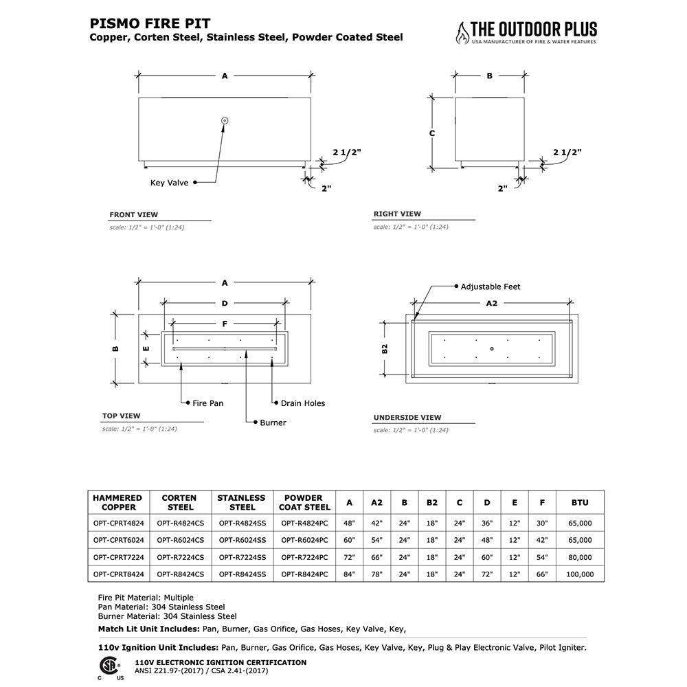 TOP Fires by The Outdoor Plus Pismo 72x24-Inch Linear Stainless Steel Gas Fire Pit
