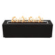 Linear gas fire pit in black powder-coated steel with flames, front view