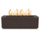 Linear gas fire pit in dark brown powder-coated steel with flames, front view