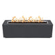 Linear gas fire pit in dark gray powder-coated steel with flames, front view