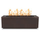 Textured dark brown linear gas fire pit with flames above the burner tray
