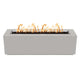 Linear gas fire pit with light gray steel body and burning flames in open tray