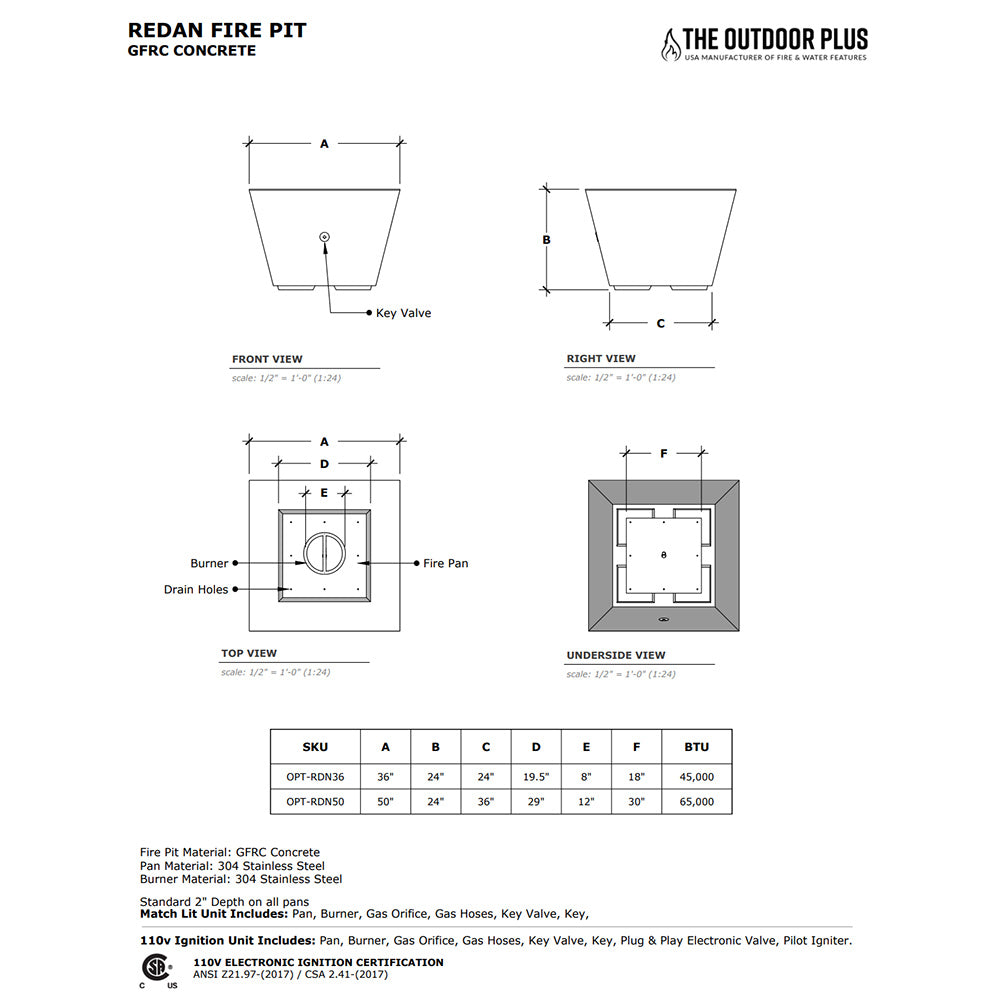TOP Fires by The Outdoor Plus Redan Square Concrete Gas Fire Pit