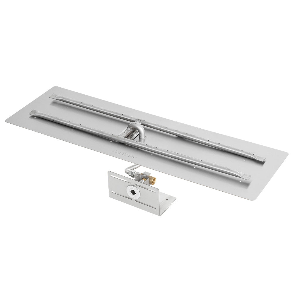 Linear H-style gas fire pit burner kit with long metal burner tubes and valve bracket