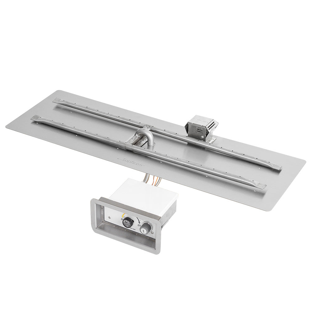 Linear H-style spark ignition burner pan with ignition module and separate control panel