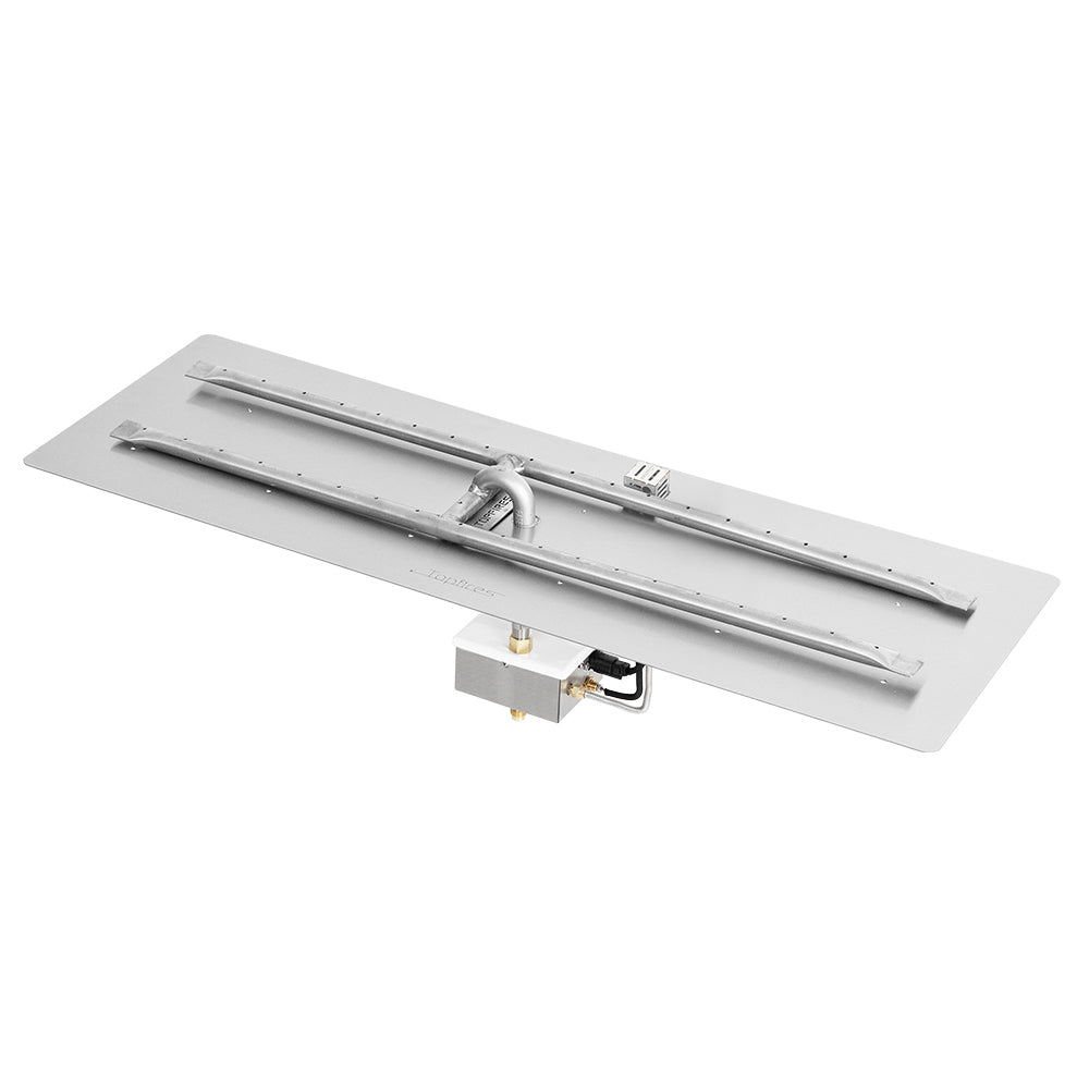Gas fire pit burner kit, linear burner tube and electronic ignition components on tray