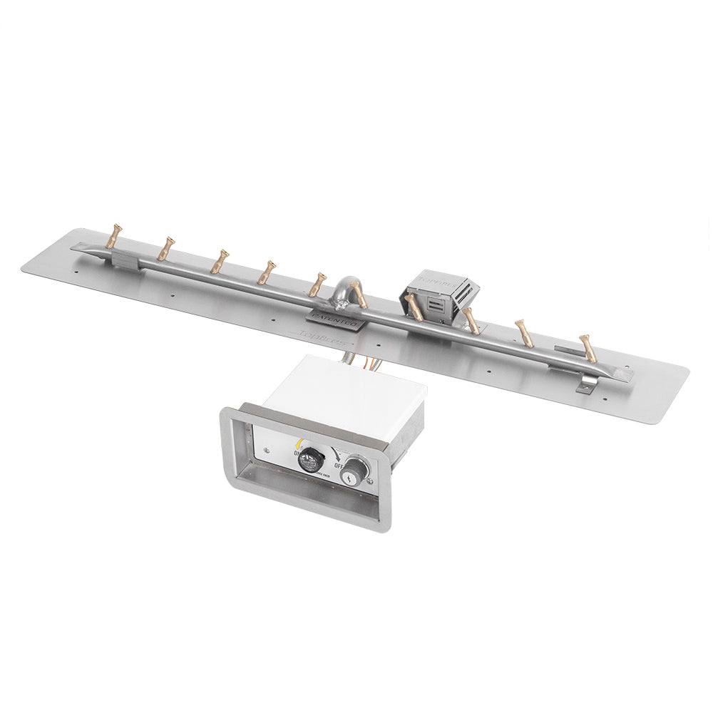 Linear spark ignition gas fire pit burner kit with long burner pan, igniters, and control box