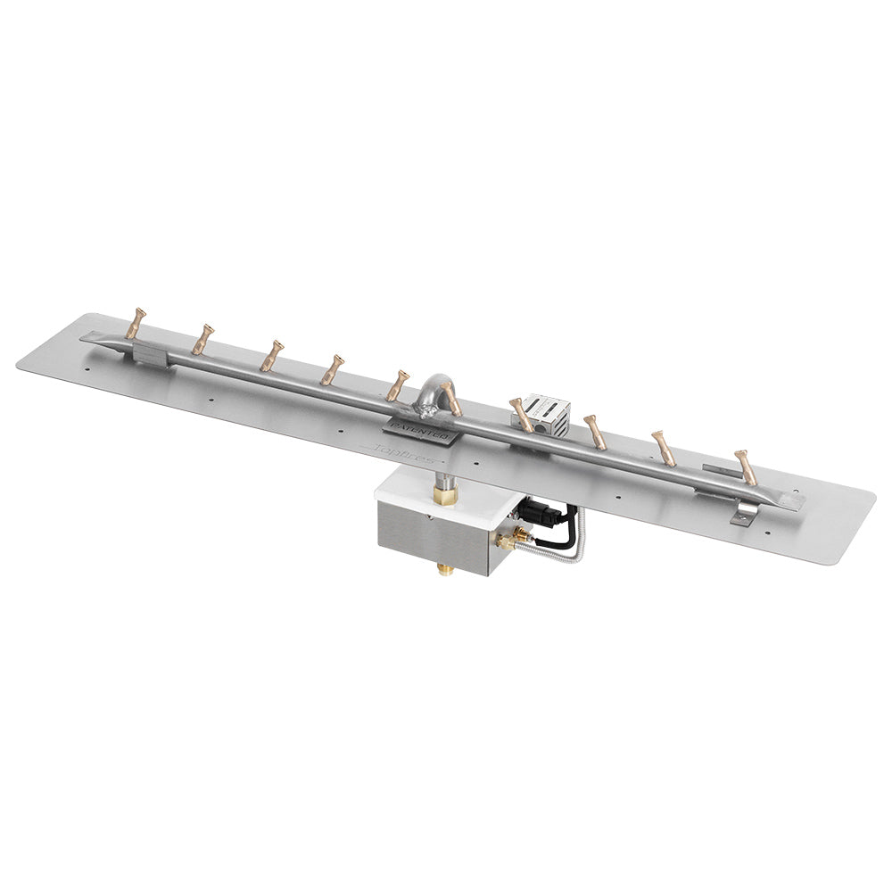 Linear gas fire pit burner with brass burner tubes and electronic ignition electrode assembly