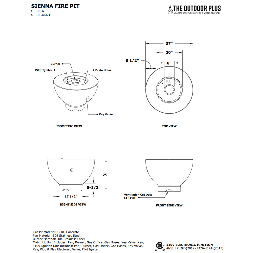 TOP Fires by The Outdoor Plus Sienna 37-Inch Round Concrete Gas Fire Pit