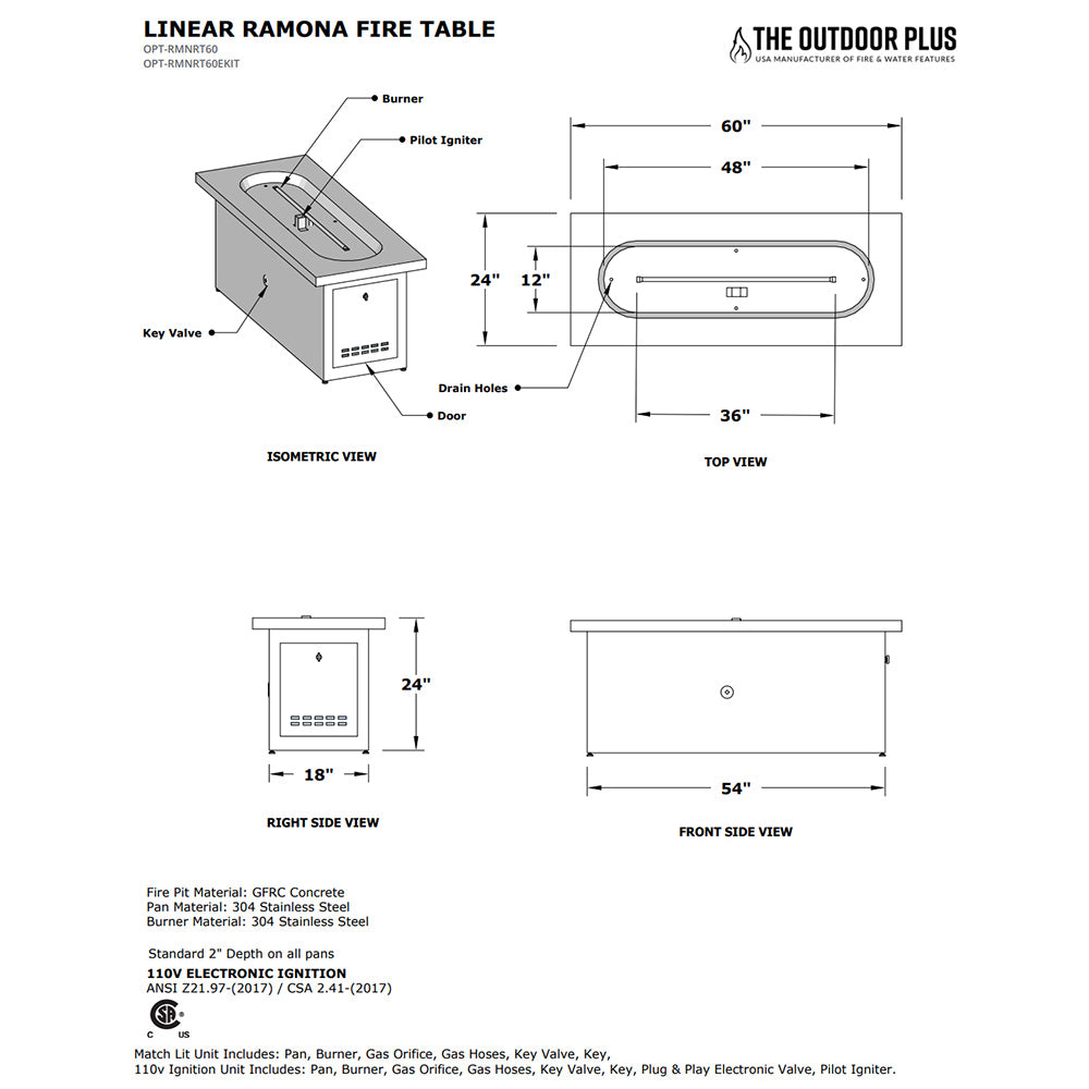 TOP Fires by The Outdoor Plus Ramona 60x24-Inch Linear Concrete Gas Fire Pit