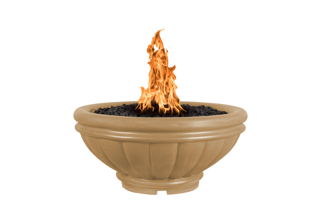 Round concrete gas fire bowl with tan shell and flames above black fire bed