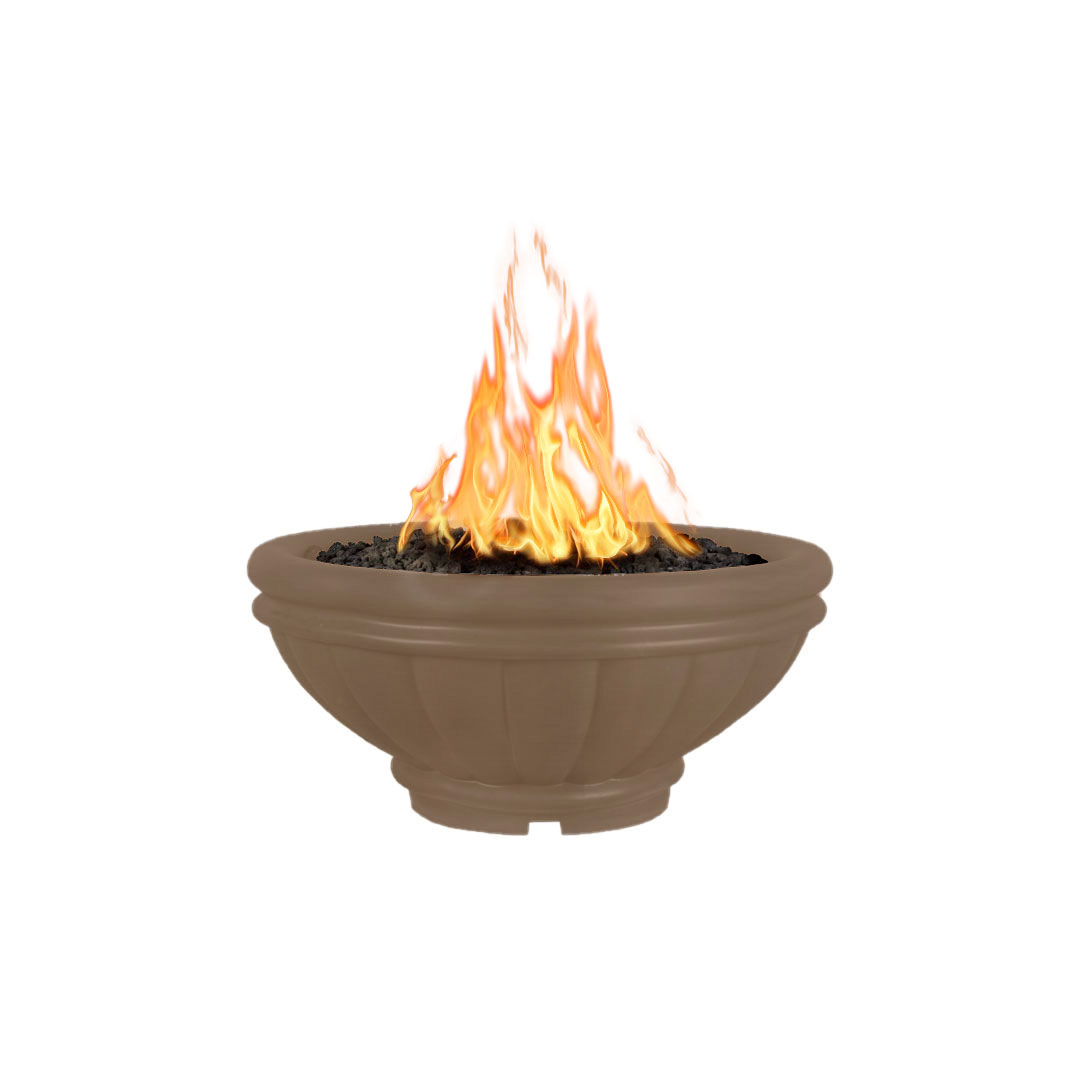Round concrete gas fire bowl with flames, dark brown exterior and black fire bed