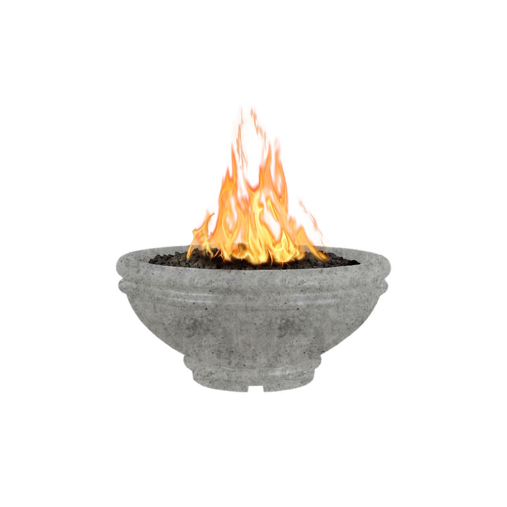 Round concrete gas fire bowl with gray shell and flames above black fire bed
