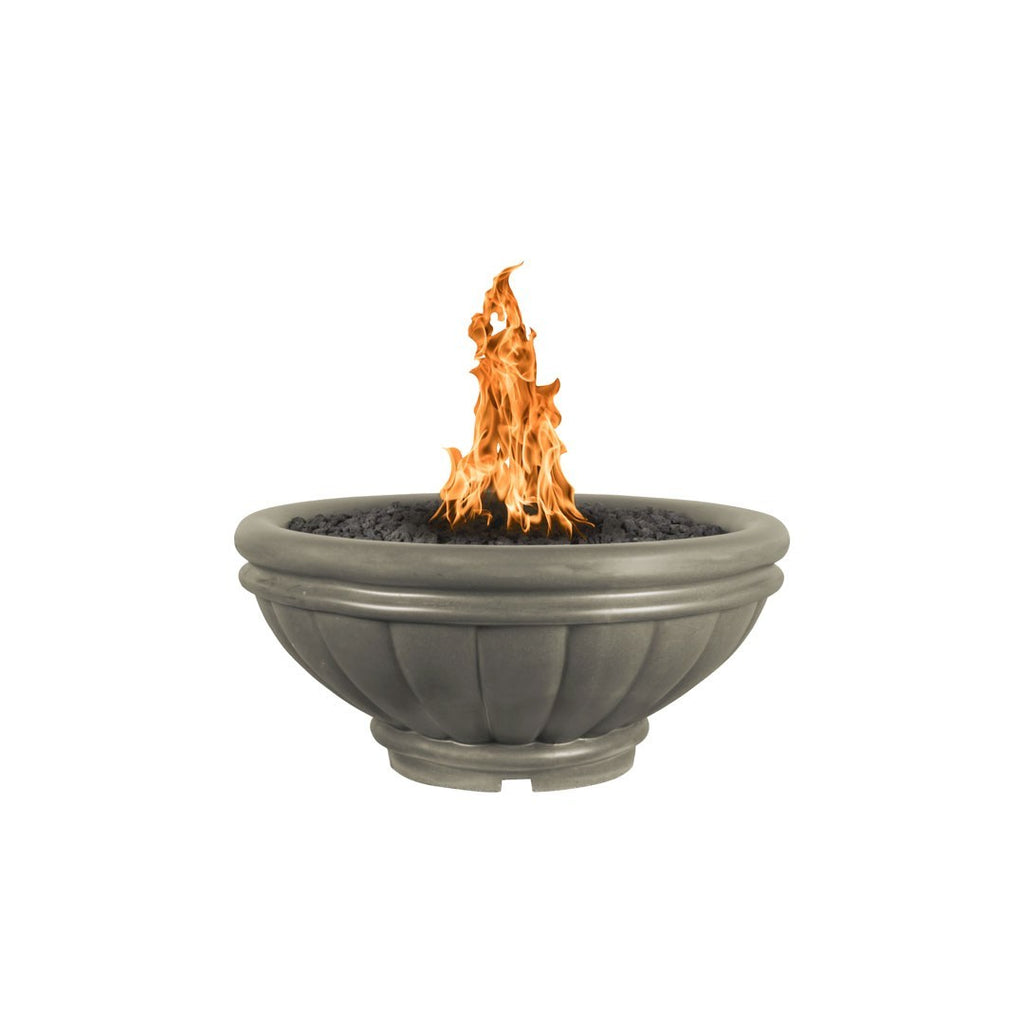 Gray round concrete gas fire bowl with flames rising from center