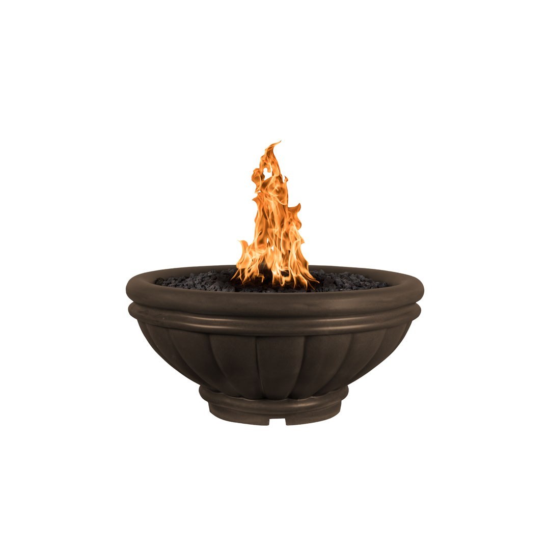 Round concrete gas fire bowl with dark shell and flames above black fire bed