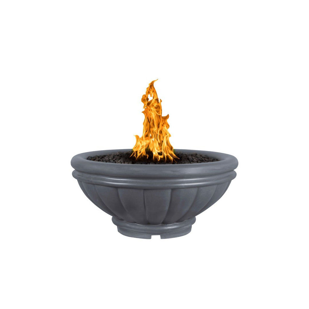 Medium gray round concrete gas fire bowl with flames rising from center