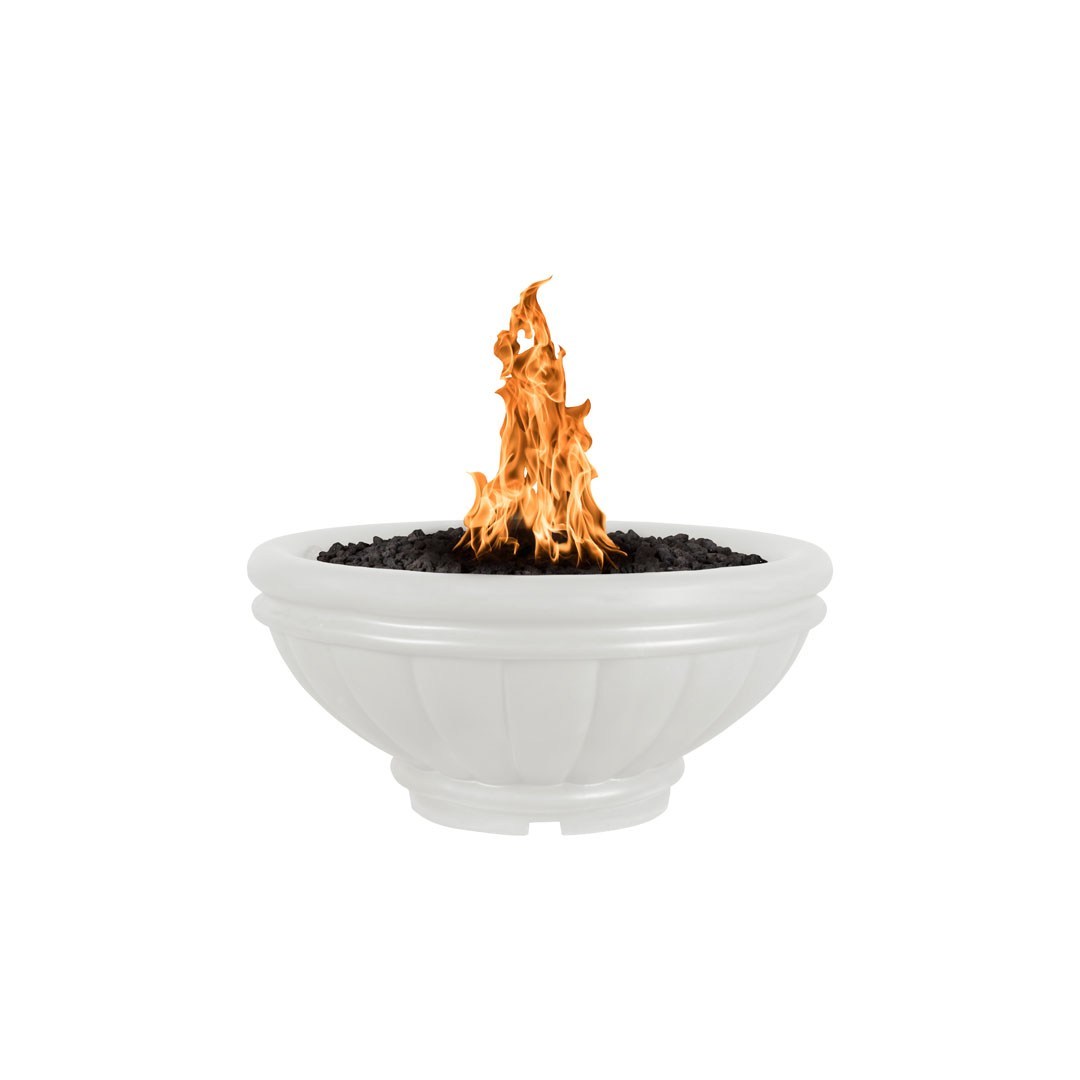 White round concrete gas fire bowl with flames rising from center