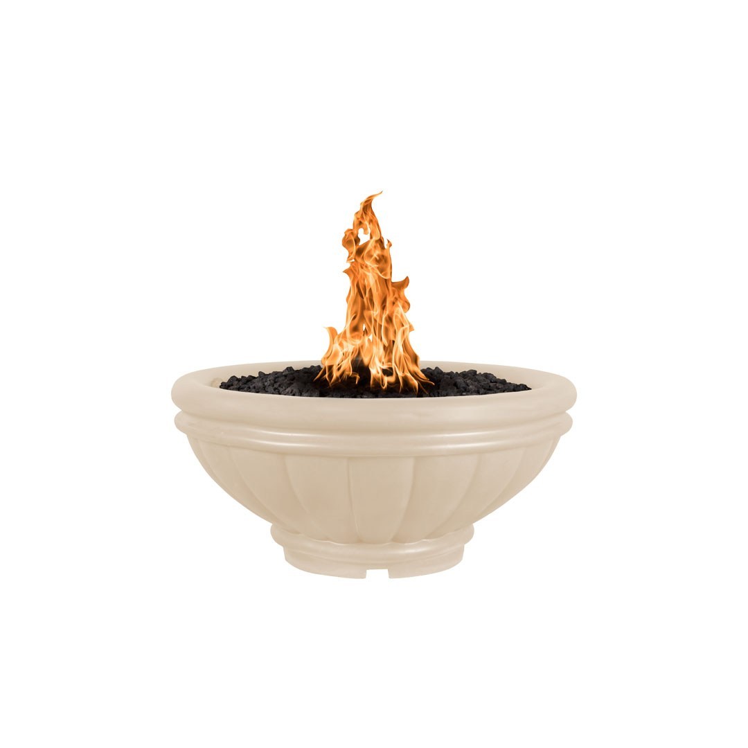 Round concrete gas fire bowl with light tan shell and flames above black fire bed
