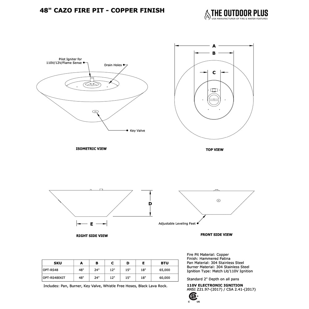 TOP Fires by The Outdoor Plus Cazo 48-Inch Round Wide Ledge Copper Gas Fire Pit