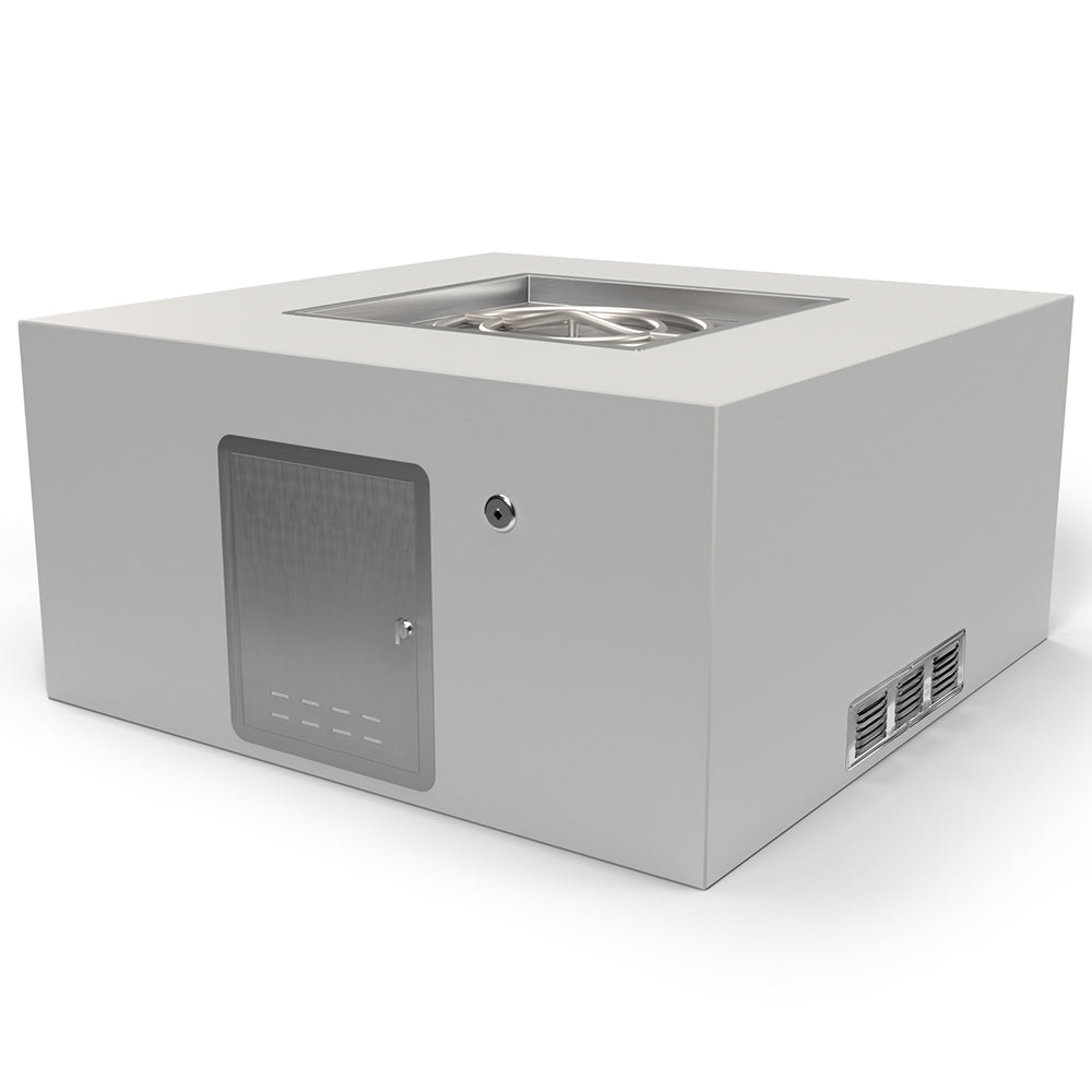 Square fire pit kit with access door panel and burner opening in light gray