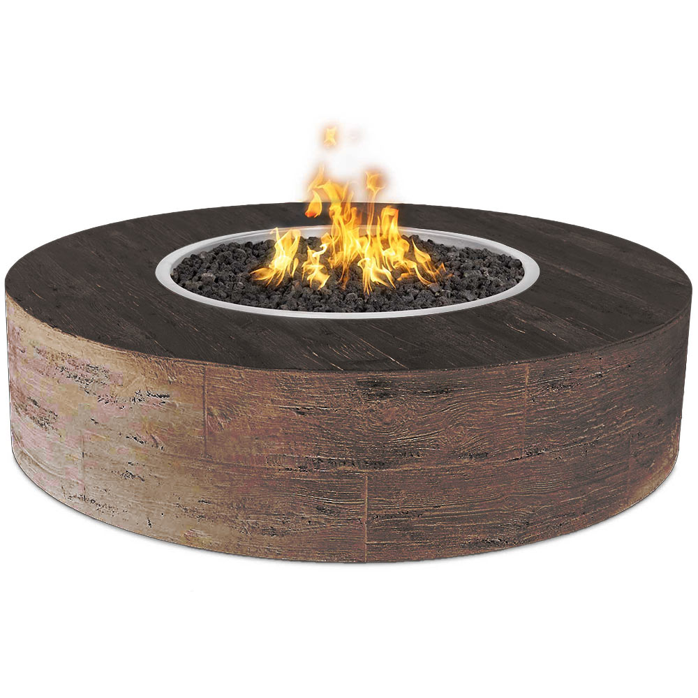 Round concrete gas fire pit with brown wood-grain finish and visible flames