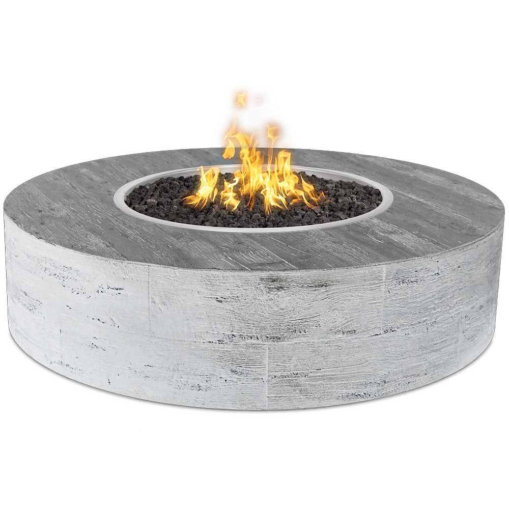 Round concrete gas fire pit with light wood-grain finish and central flames