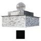 Front view: square steel fire and water bowl with gray stone-look panels and silver sphere
