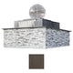 Square gas fire and water bowl with brown-tan stone surround and dark metal cap